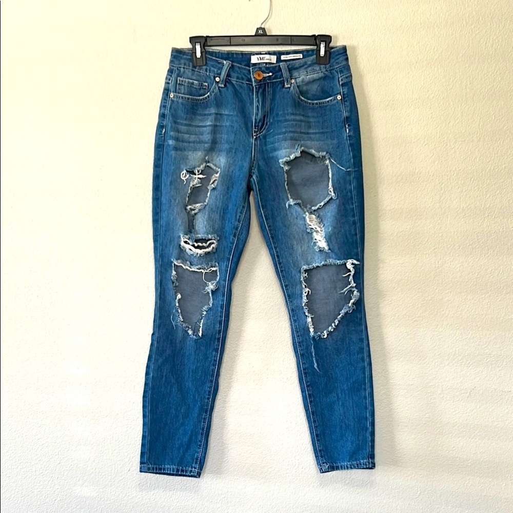 YMI Dream Fit Mid‎ Rise Skinny  Blue Boyfriend Jeans Distressed Casual